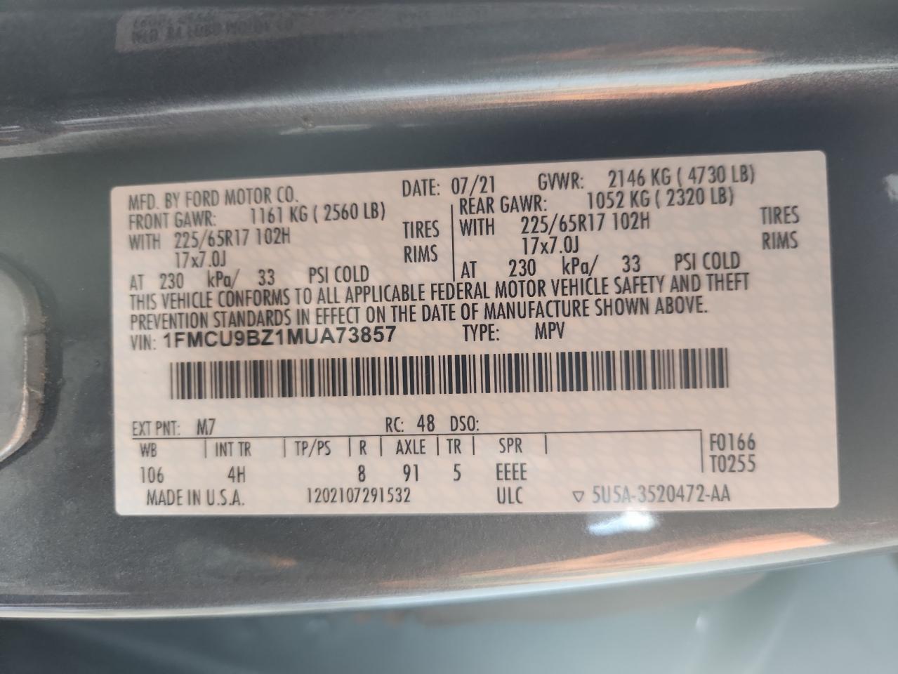 2021 Ford Escape Se VIN: 1FMCU9BZ1MUA73857 Lot: 92046915