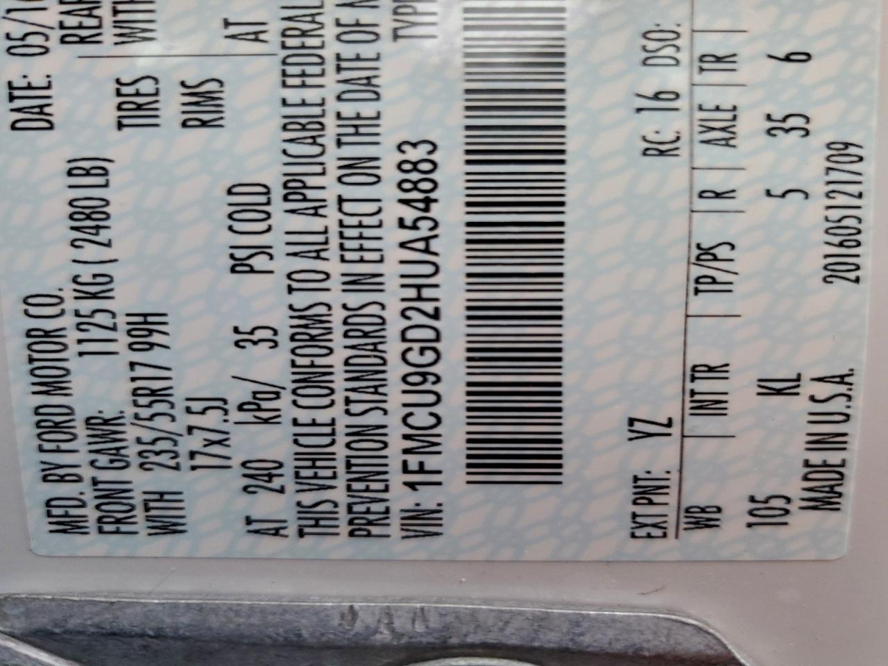 2017 Ford Escape Se VIN: 1FMCU9GD2HUA54883 Lot: 94376875