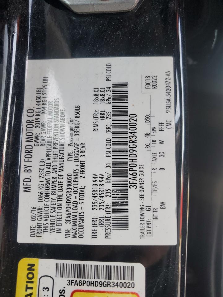 2016 Ford Fusion Se VIN: 3FA6P0HD9GR340020 Lot: 92278045