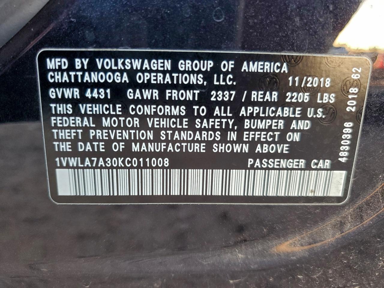 2019 Volkswagen Passat Wolfsburg VIN: 1VWLA7A30KC011008 Lot: 94609295