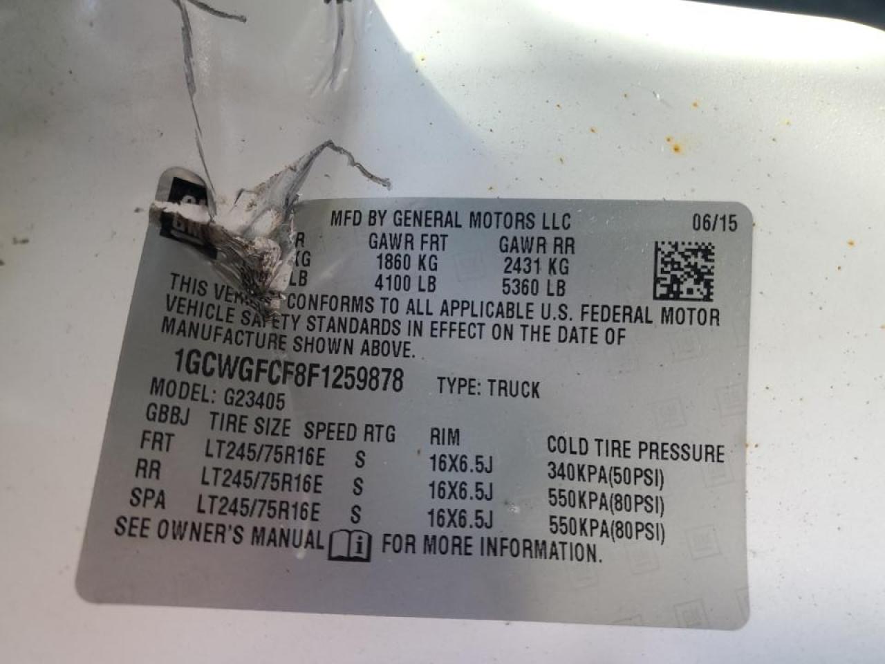 2015 Chevrolet Express 2500 Utility / Service Van VIN: 1GCWGFCF8F1259878 Lot: 85491245