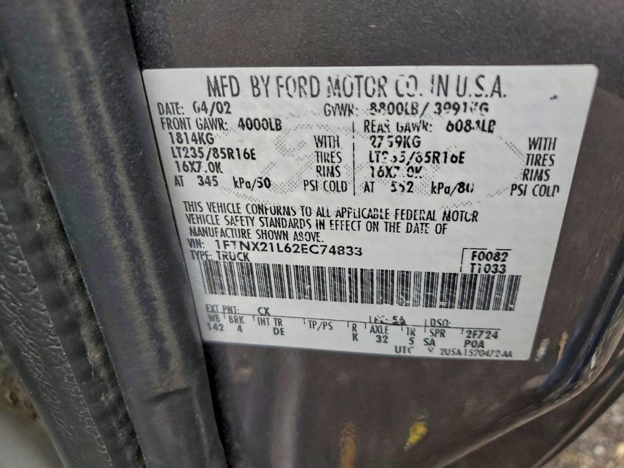 2002 Ford F250 Super Duty VIN: 1FTNX21L62EC74833 Lot: 90753795