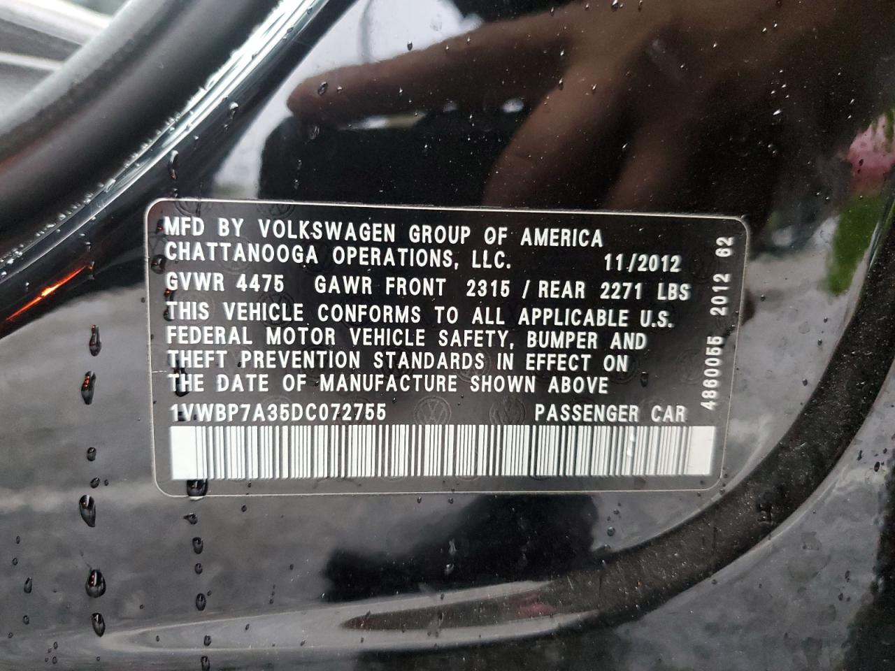 2013 Volkswagen Passat Se VIN: 1VWBP7A35DC072755 Lot: 93208335