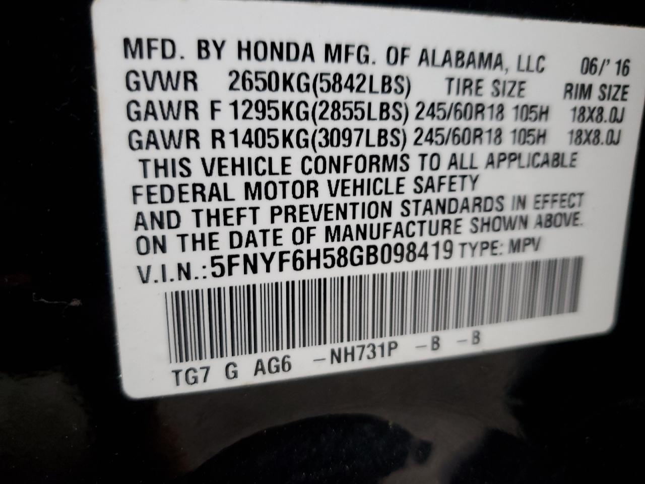 2016 Honda Pilot Exl VIN: 5FNYF6H58GB098419 Lot: 92442315