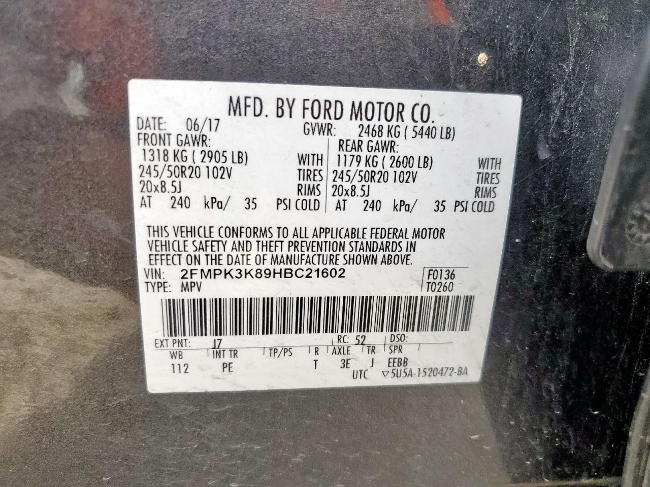 2017 Ford Edge Titanium VIN: 2FMPK3K89HBC21602 Lot: 93442345