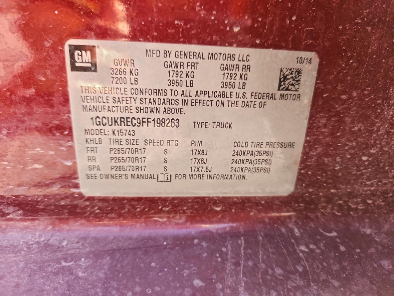 2015 Chevrolet Silverado K1500 Lt VIN: 1GCUKREC9FF198263 Lot: 94737325