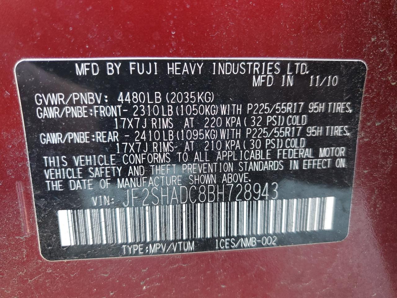 2011 Subaru Forester 2.5X Premium VIN: JF2SHADC8BH728943 Lot: 93560355