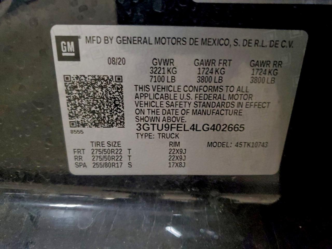 2020 GMC Sierra K1500 Denali VIN: 3GTU9FEL4LG402665 Lot: 94371895