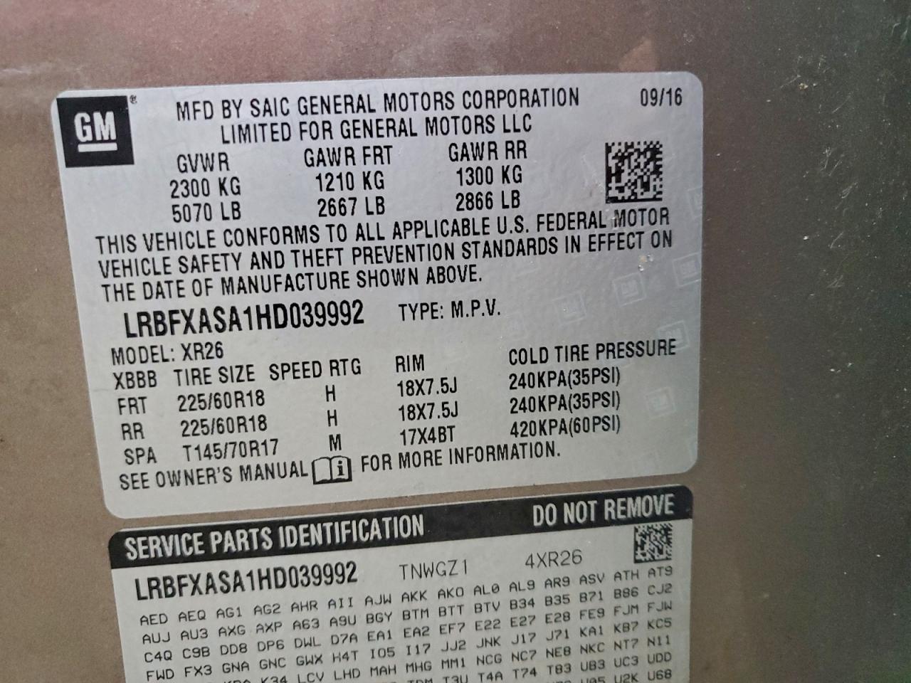 2017 Buick Envision Preferred VIN: LRBFXASA1HD039992 Lot: 94156775