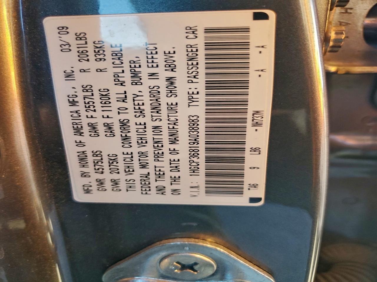 2009 Honda Accord Exl VIN: 1HGCP36819A038983 Lot: 94113425