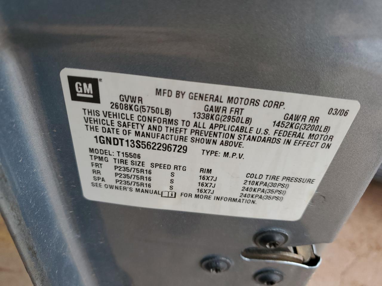 2006 Chevrolet Trailblazer Ls VIN: 1GNDT13S562296729 Lot: 93761985