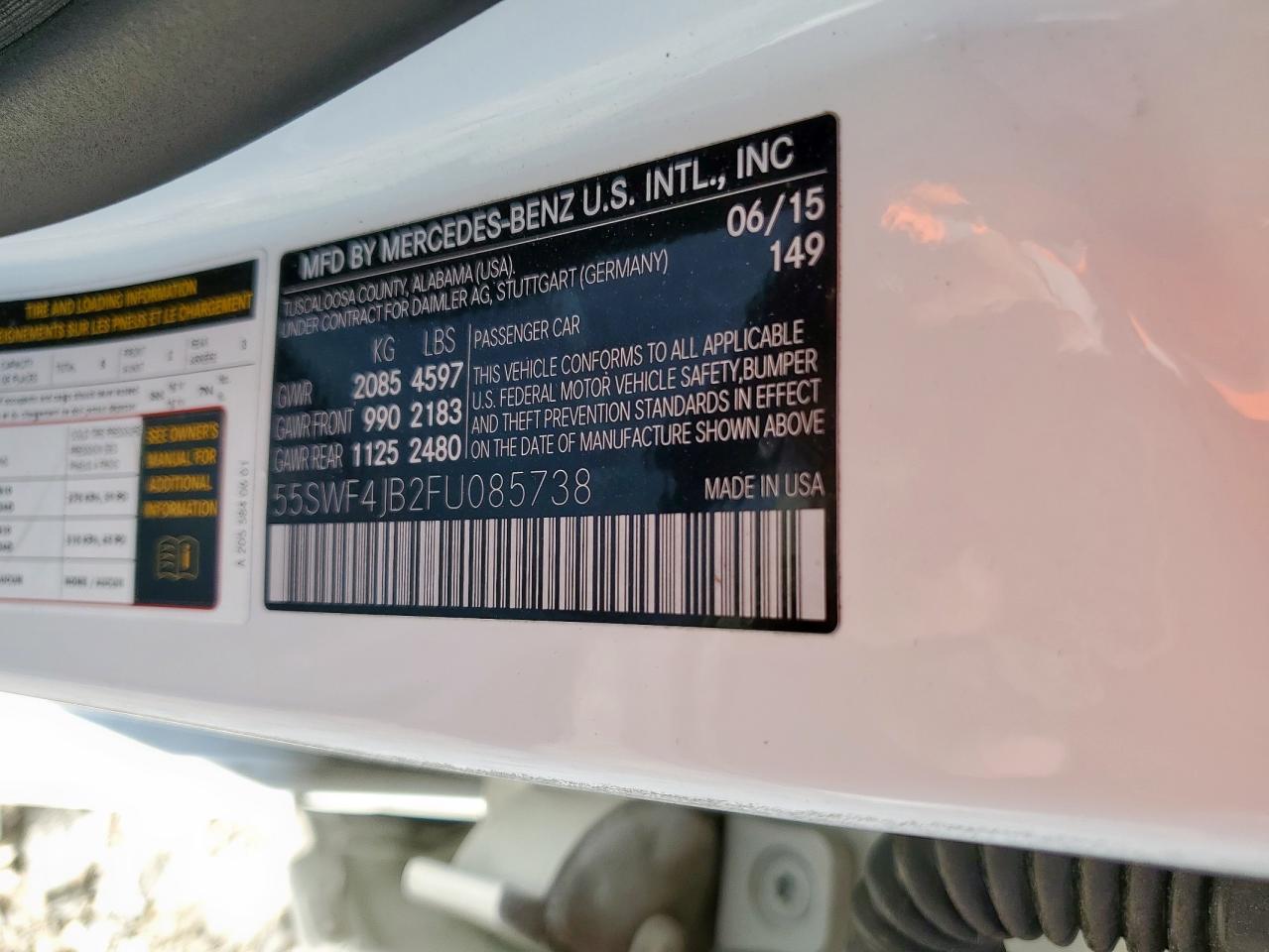 2015 Mercedes-Benz C 300 VIN: 55SWF4JB2FU085738 Lot: 91780125