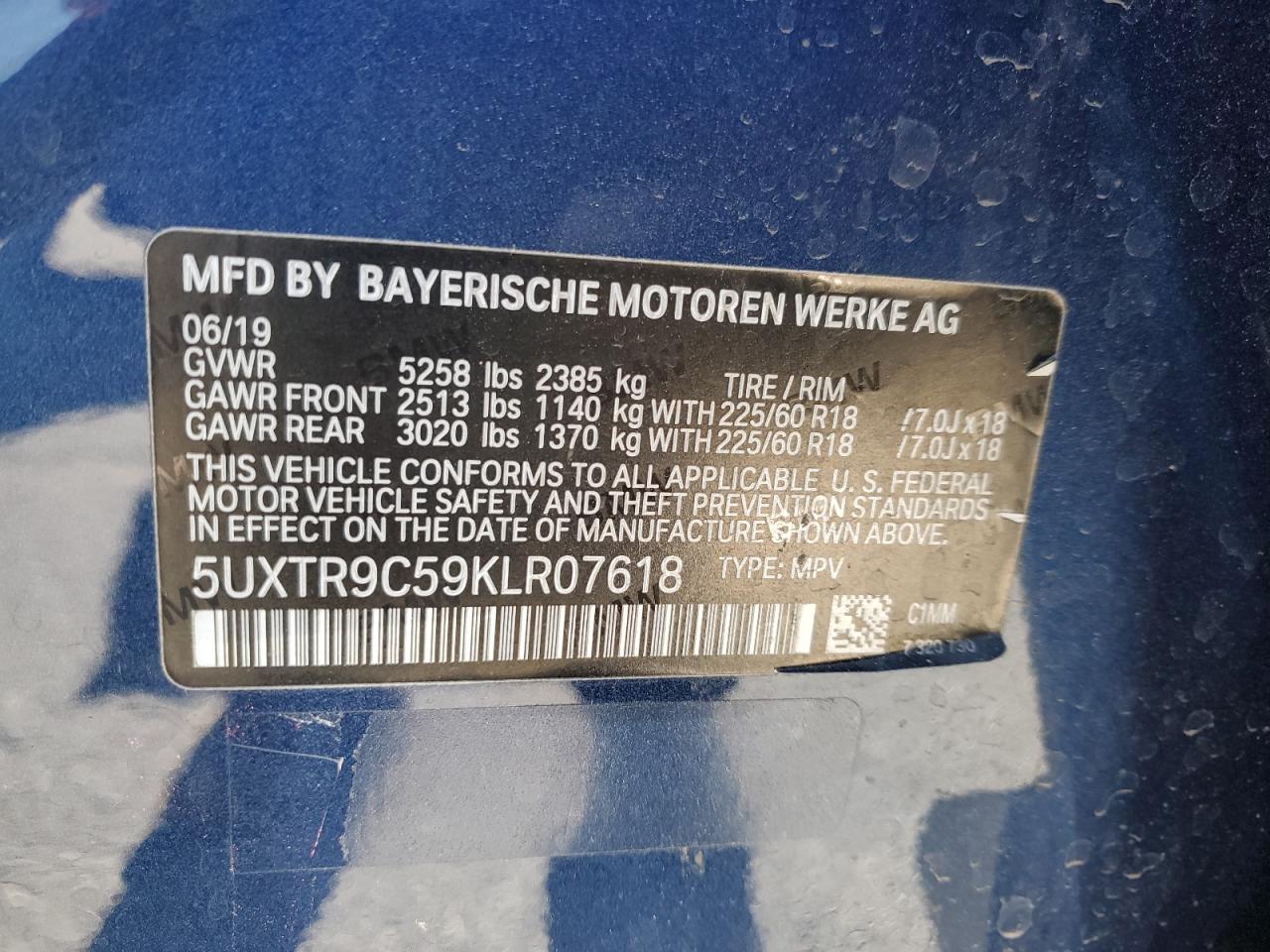 2019 BMW X3 xDrive30I VIN: 5UXTR9C59KLR07618 Lot: 92638635