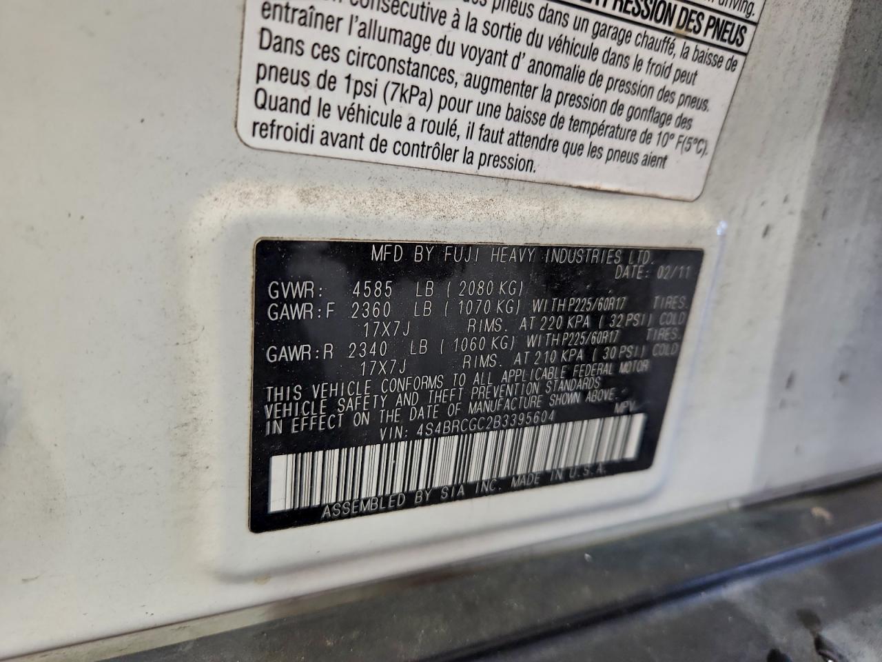 2011 Subaru Outback 2.5I Premium VIN: 4S4BRCGC2B3395604 Lot: 93914455