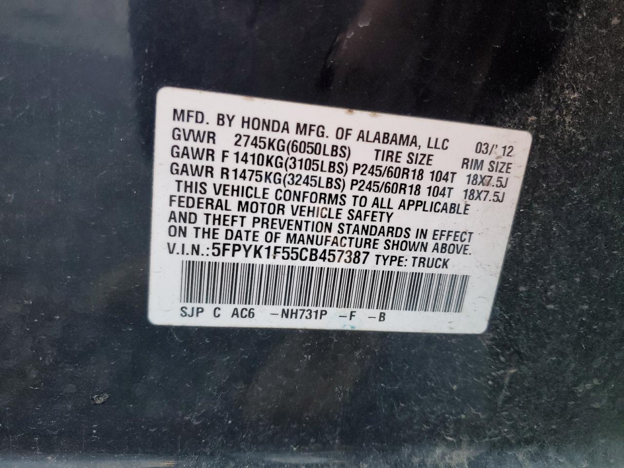 2012 Honda Ridgeline Rtl VIN: 5FPYK1F55CB457387 Lot: 93032245