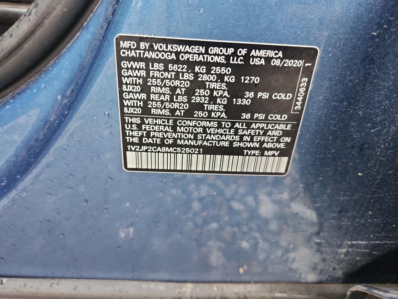 2021 Volkswagen Atlas Se VIN: 1V2JP2CA8MC525021 Lot: 93292235