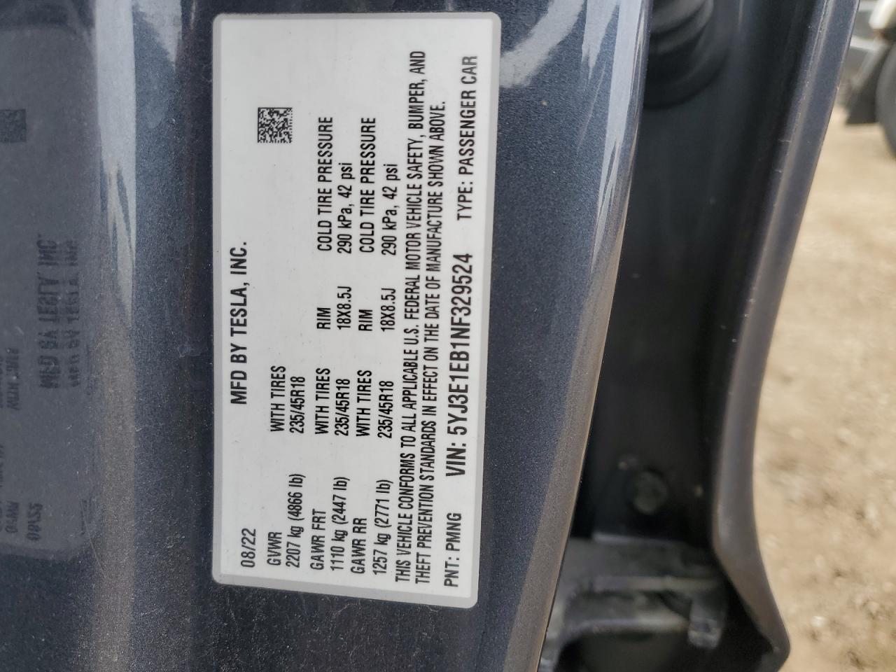 2022 Tesla Model 3 VIN: 5YJ3E1EB1NF329524 Lot: 92085445