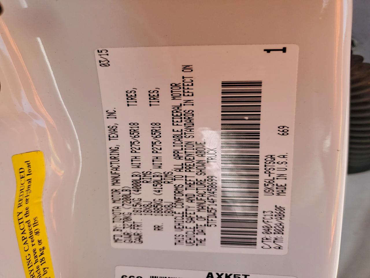 2015 Toyota Tundra Crewmax Sr5 VIN: 5TFDW5F14FX458699 Lot: 94472015