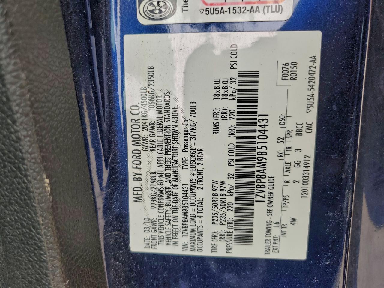 2011 Ford Mustang VIN: 1ZVBP8AM9B5104431 Lot: 91186785