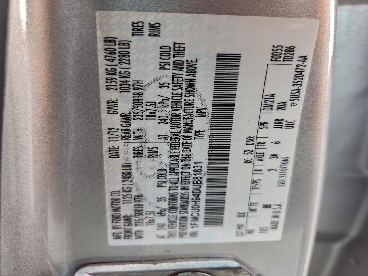 2013 Ford Escape Sel VIN: 1FMCU0H94DUB81831 Lot: 93907545