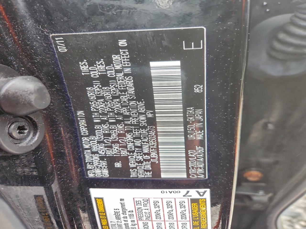 2011 Lexus Gx 460 VIN: JTJBM7FX3B5034673 Lot: 93487575