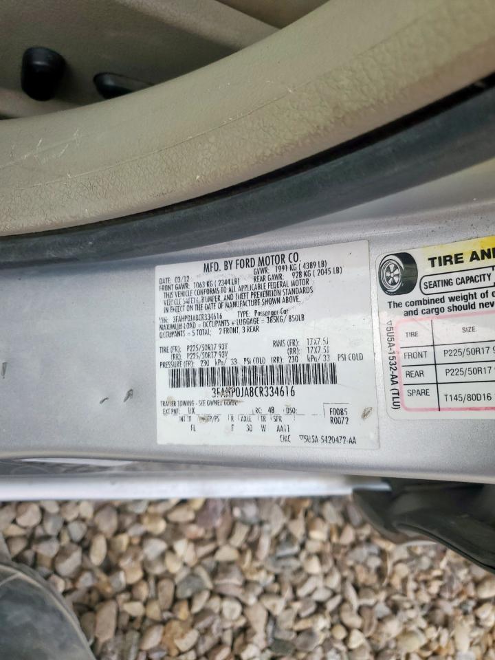 2012 Ford Fusion Sel VIN: 3FAHP0JA8CR334616 Lot: 93619745