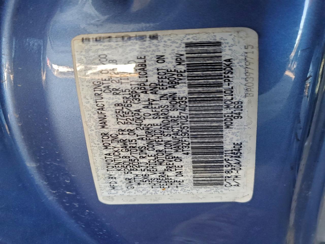 2000 Toyota Sienna Ce VIN: 4T3ZF19C5YU274035 Lot: 93539955