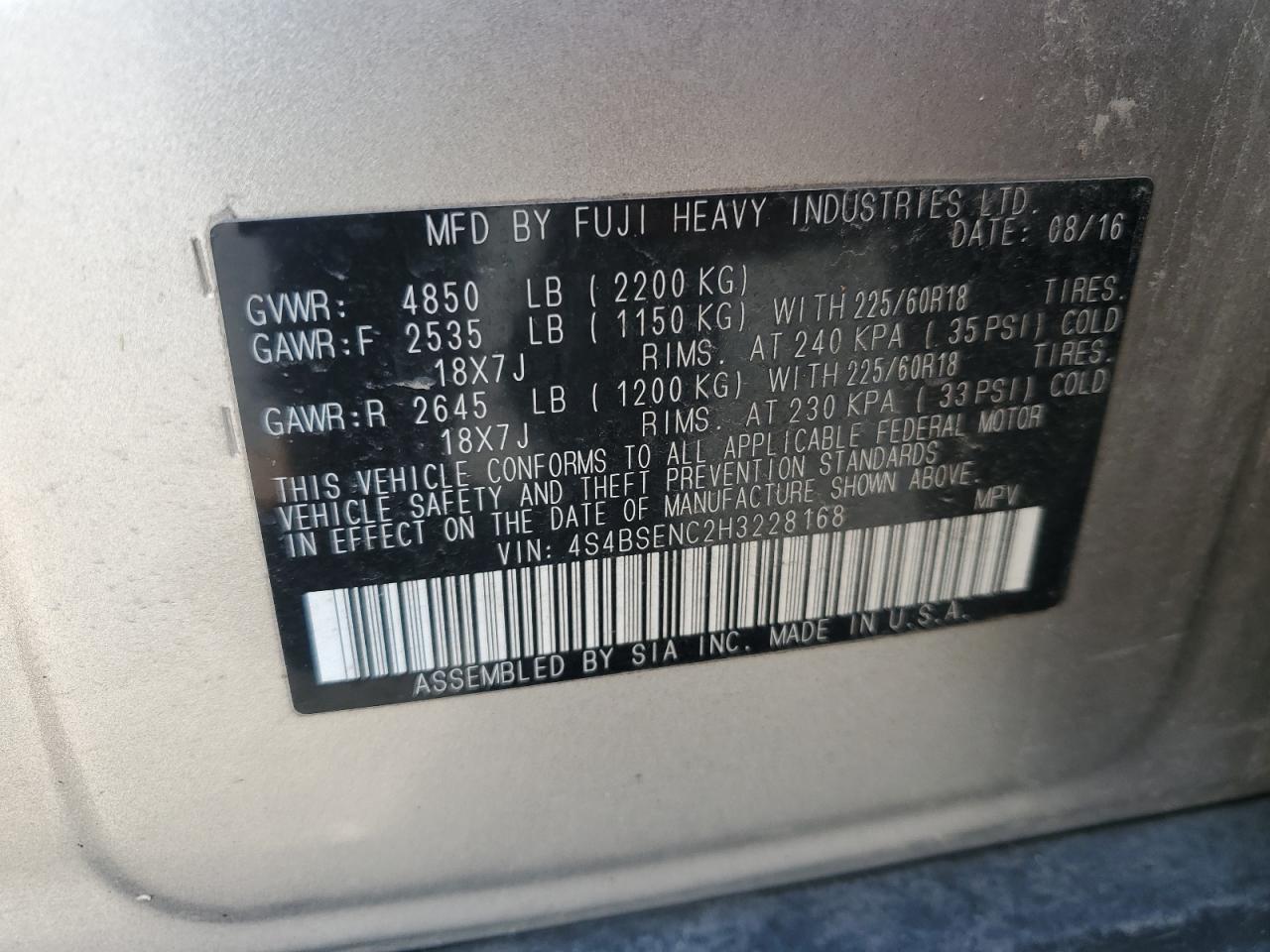 2017 Subaru Outback 3.6R Limited VIN: 4S4BSENC2H3228168 Lot: 85428885