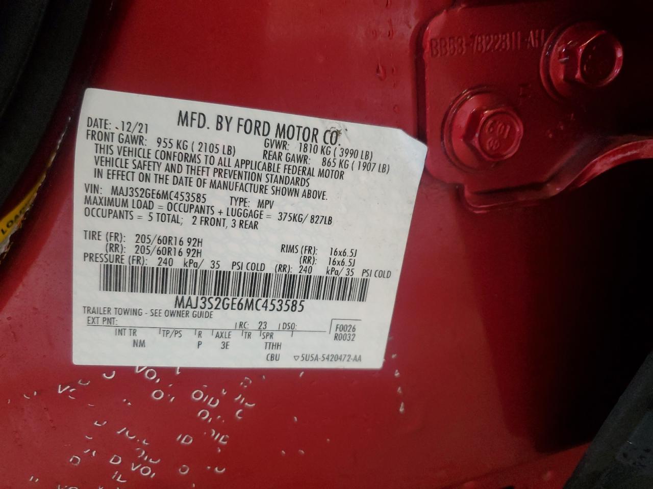 2021 Ford Ecosport Se VIN: MAJ3S2GE6MC453585 Lot: 93927435