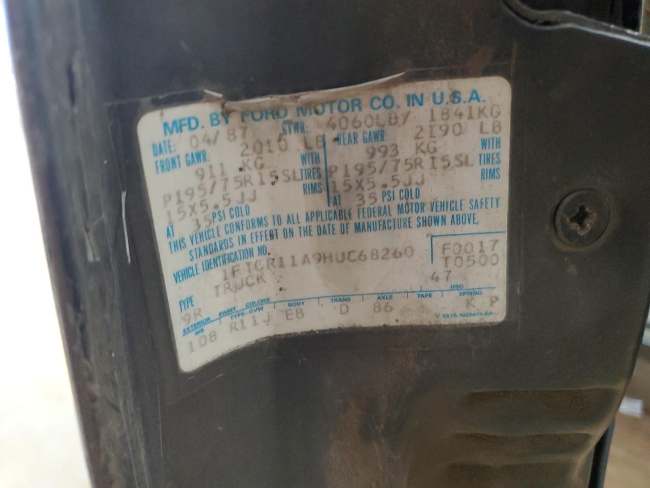 1987 Ford Ranger VIN: 1FTCR11A9HUC68260 Lot: 93570795