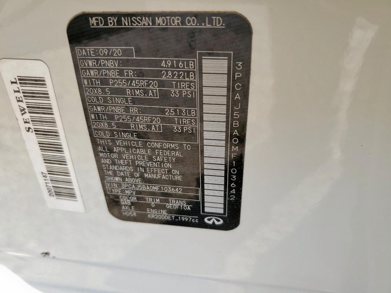 2021 Infiniti Qx50 Luxe VIN: 3PCAJ5BA0MF103642 Lot: 92500455