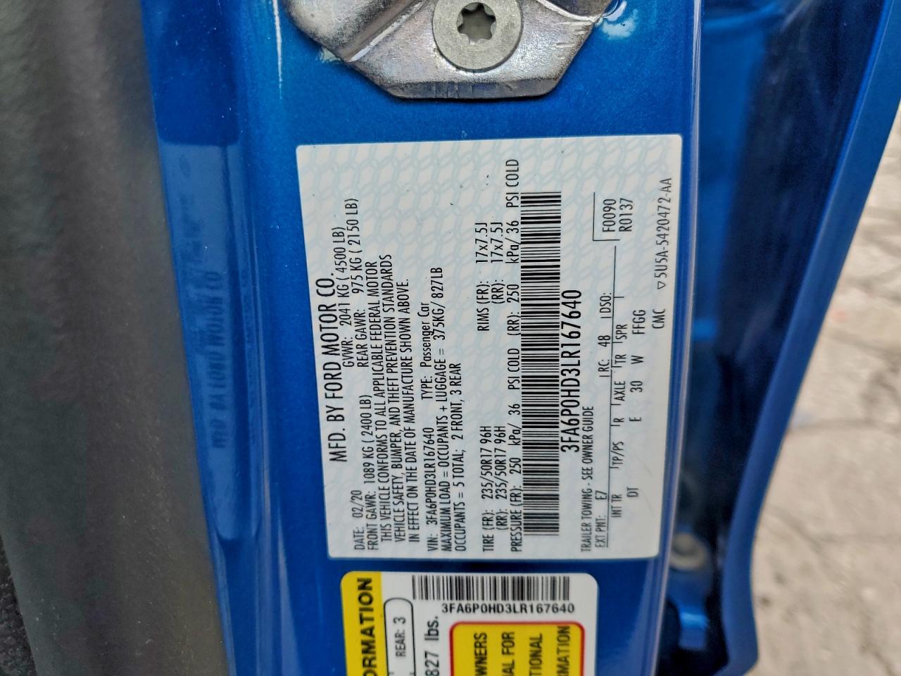 2020 Ford Fusion Se VIN: 3FA6P0HD3LR167640 Lot: 92262045