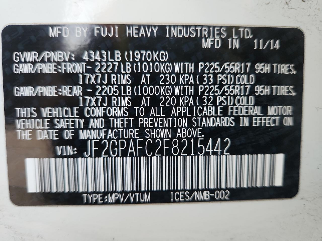 2015 Subaru Xv Crosstrek 2.0 Premium VIN: JF2GPAFC2F8215442 Lot: 91938395