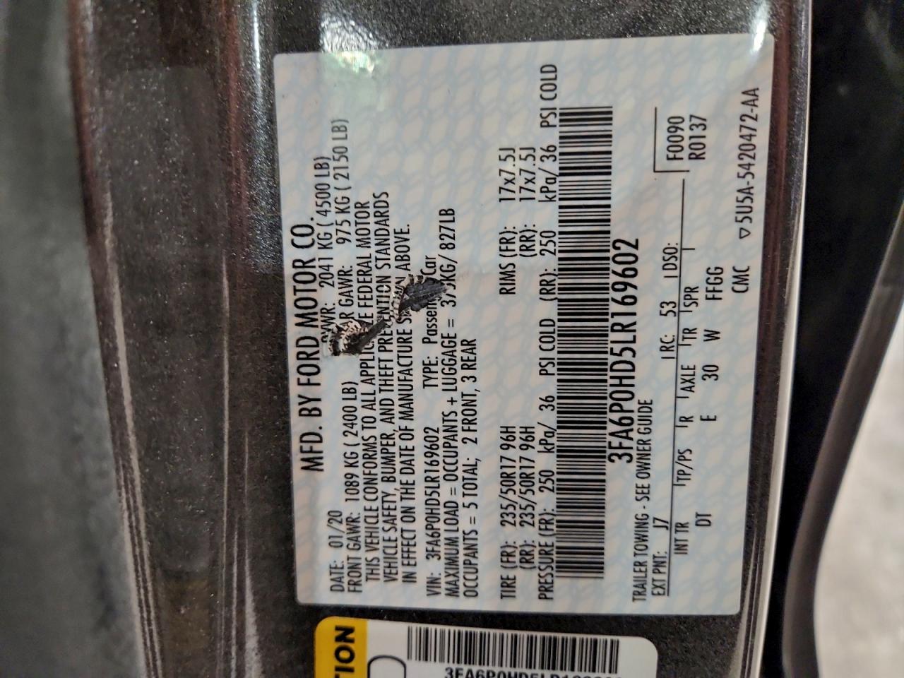 2020 Ford Fusion Se VIN: 3FA6P0HD5LR169602 Lot: 94178115