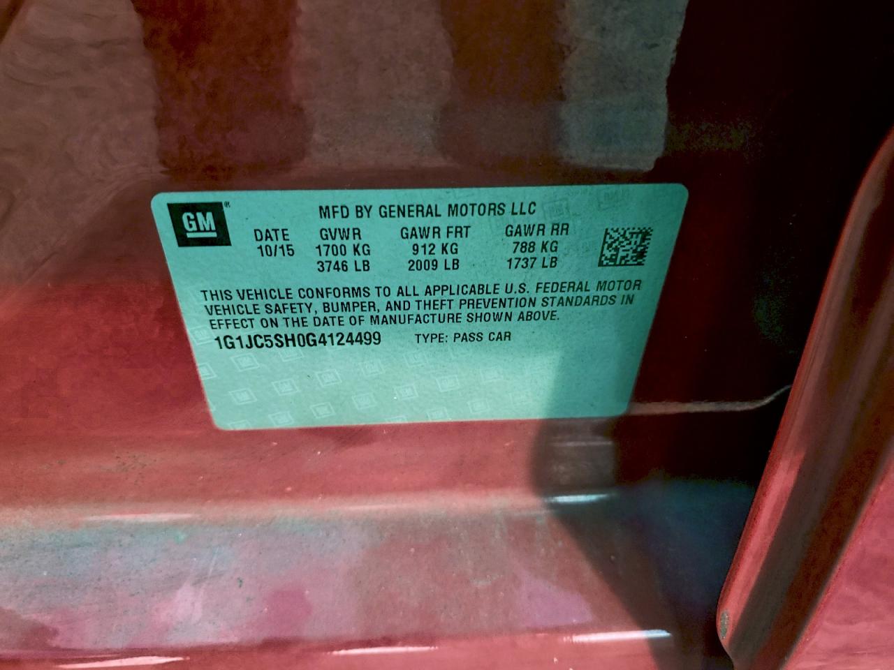 2016 Chevrolet Sonic Lt VIN: 1G1JC5SH0G4124499 Lot: 93862235