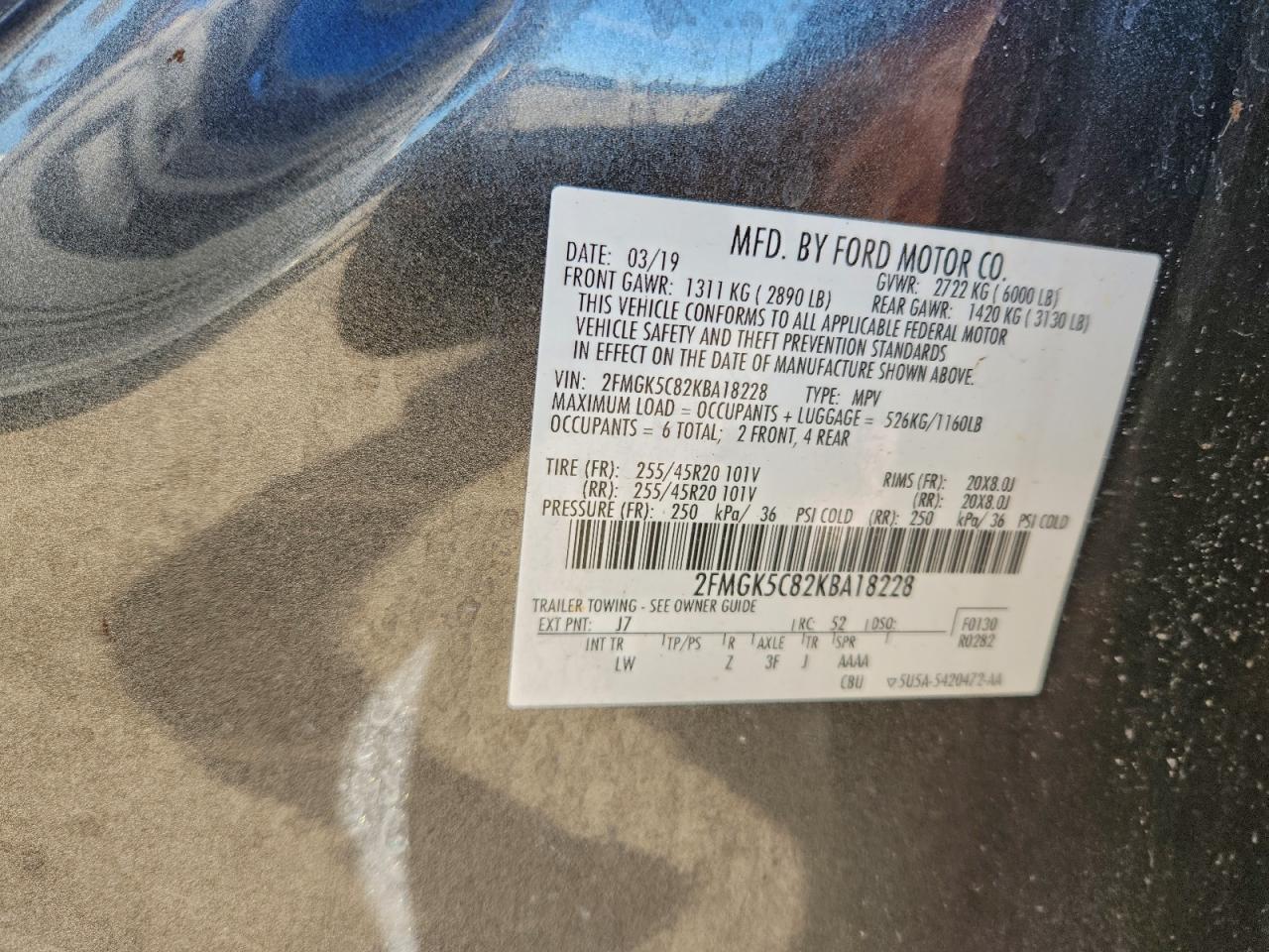 2019 Ford Flex Sel VIN: 2FMGK5C82KBA18228 Lot: 94227765