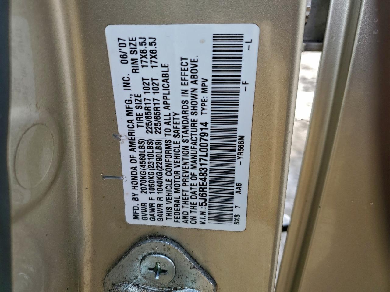 2007 Honda Cr-V Lx VIN: 5J6RE48317L007914 Lot: 94190675