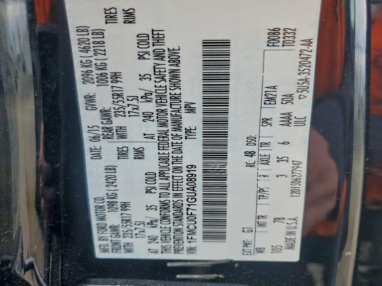 2016 Ford Escape S VIN: 1FMCU0F71GUA08919 Lot: 93953125