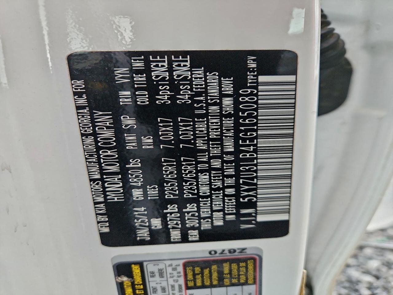 2014 Hyundai Santa Fe Sport VIN: 5XYZU3LB4EG165089 Lot: 93654635