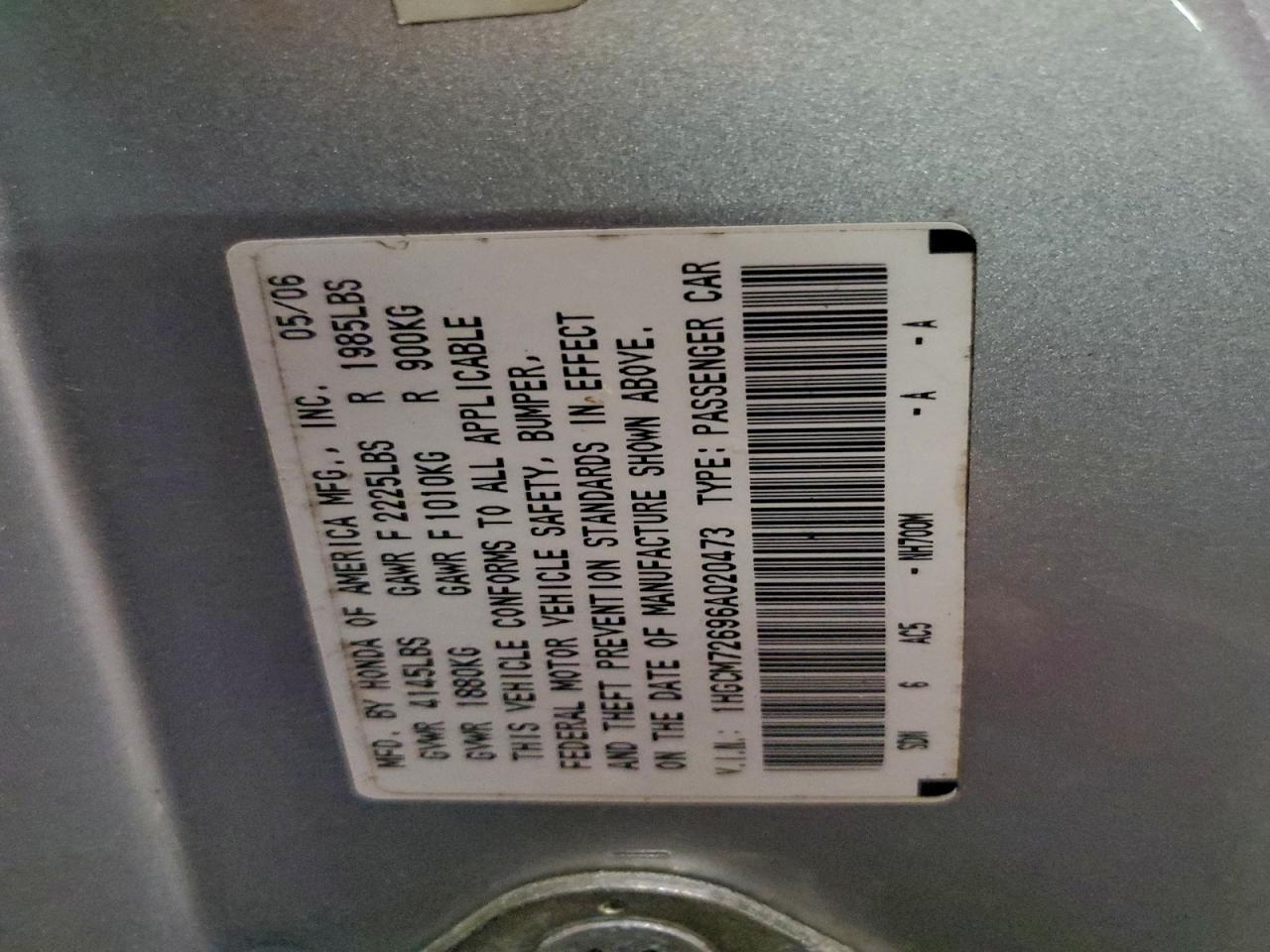 2006 Honda Accord Ex VIN: 1HGCM72696A020473 Lot: 92809145