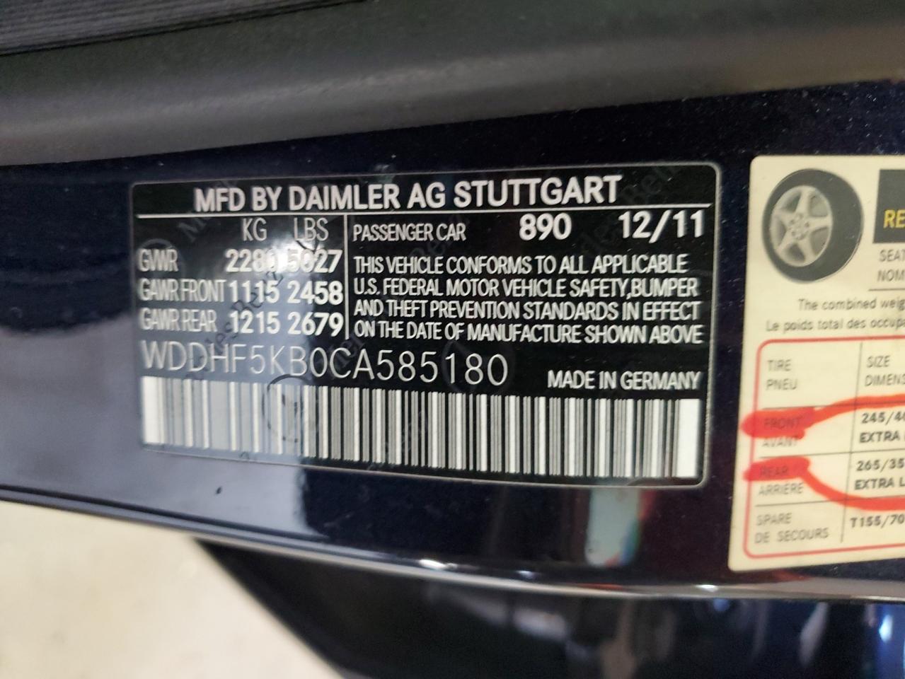 2012 Mercedes-Benz E 350 VIN: WDDHF5KB0CA585180 Lot: 92389465