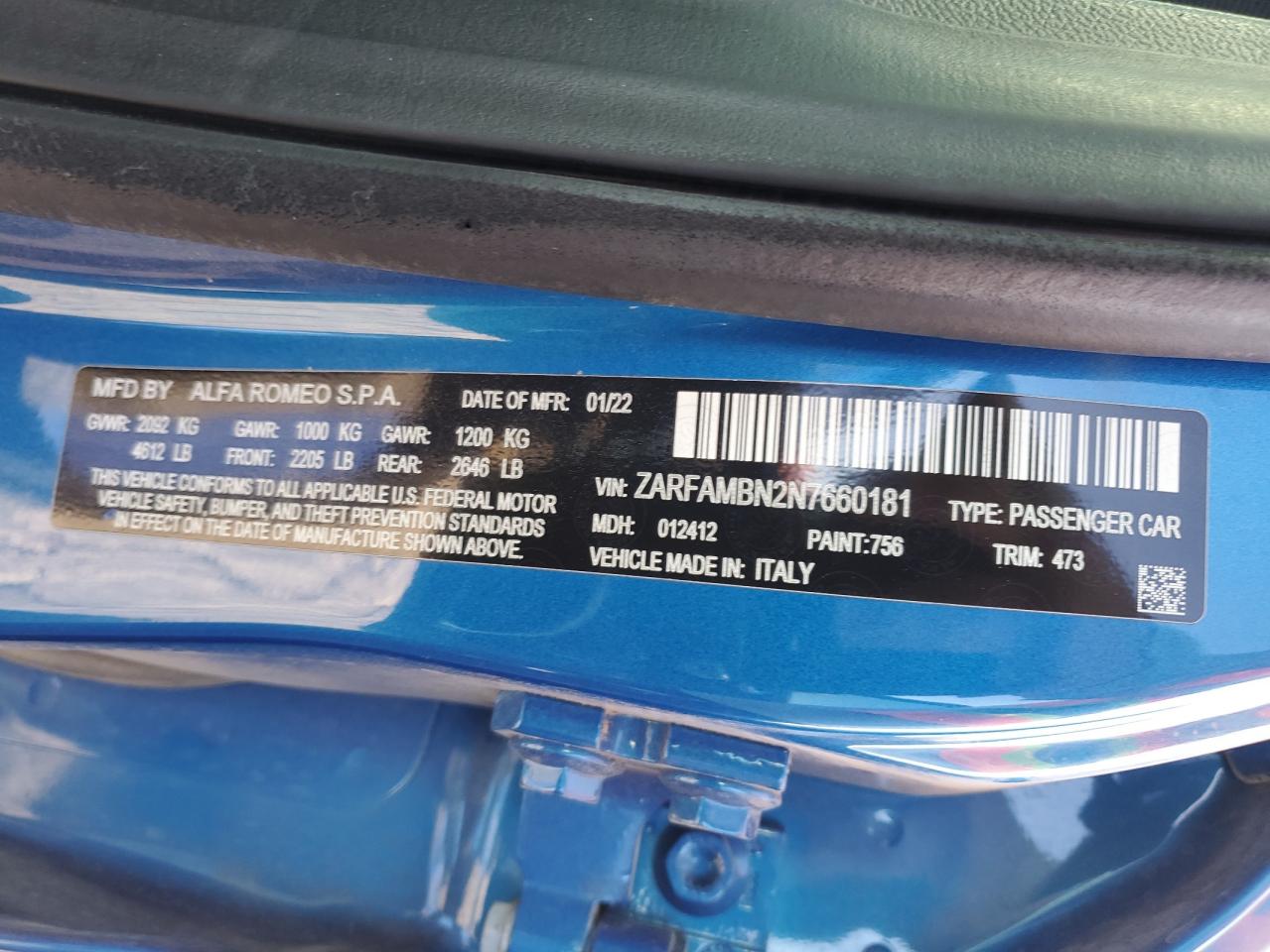 2022 Alfa Romeo Giulia Super VIN: ZARFAMBN2N7660181 Lot: 91729135