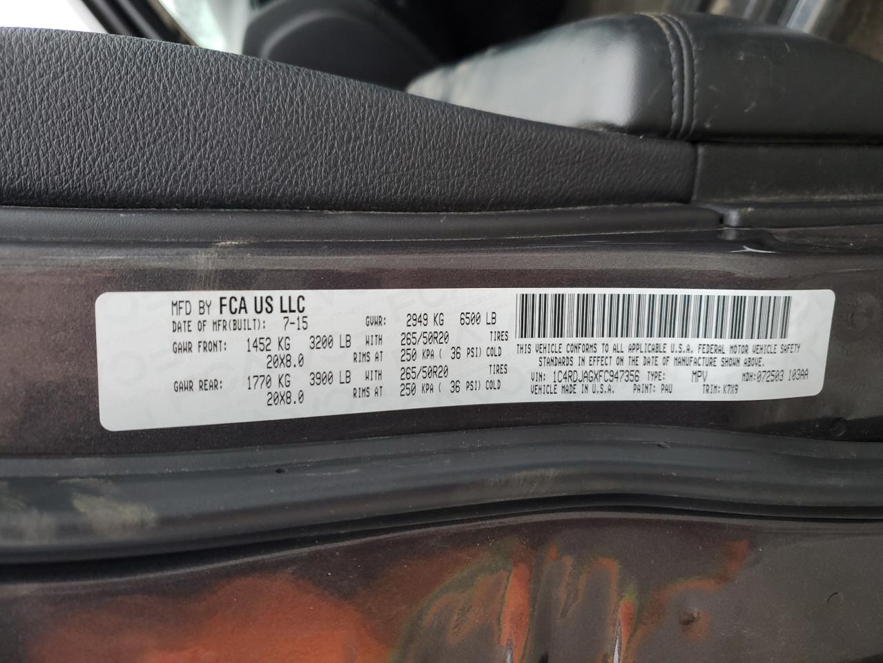 2015 Dodge Durango Sxt VIN: 1C4RDJAGXFC947356 Lot: 93253495