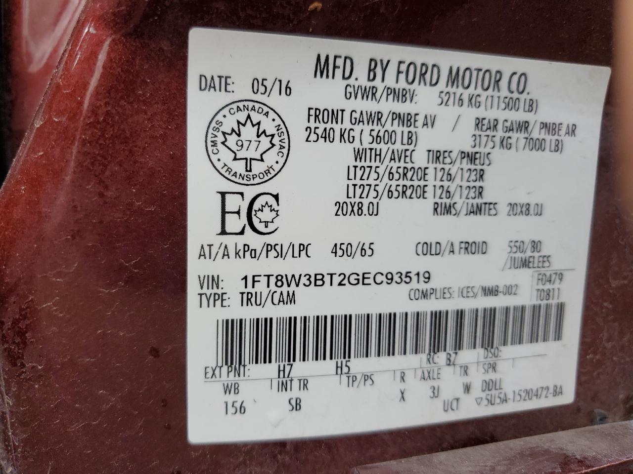 2016 Ford F350 Super Duty VIN: 1FT8W3BT2GEC93519 Lot: 91204335