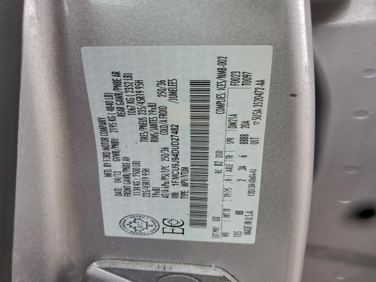 2013 Ford Escape Titanium VIN: 1FMCU9J94DUD27482 Lot: 94001935