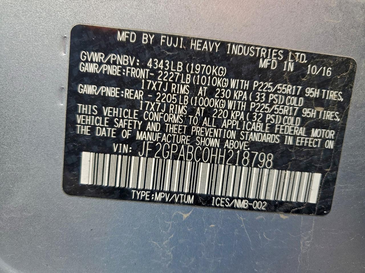 2017 Subaru Crosstrek Premium VIN: JF2GPABC0HH218798 Lot: 93752245