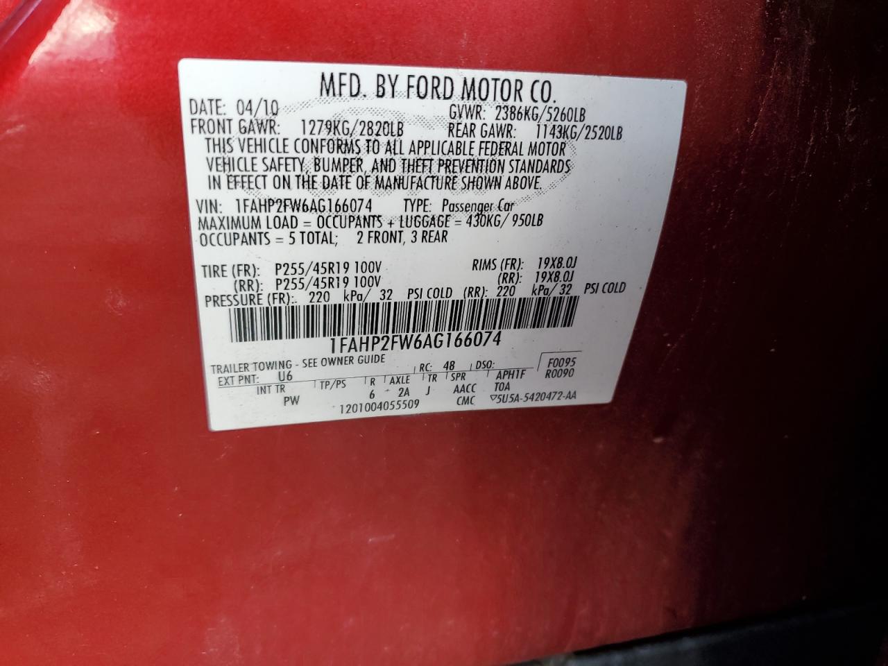 2010 Ford Taurus Limited VIN: 1FAHP2FW6AG166074 Lot: 93116045