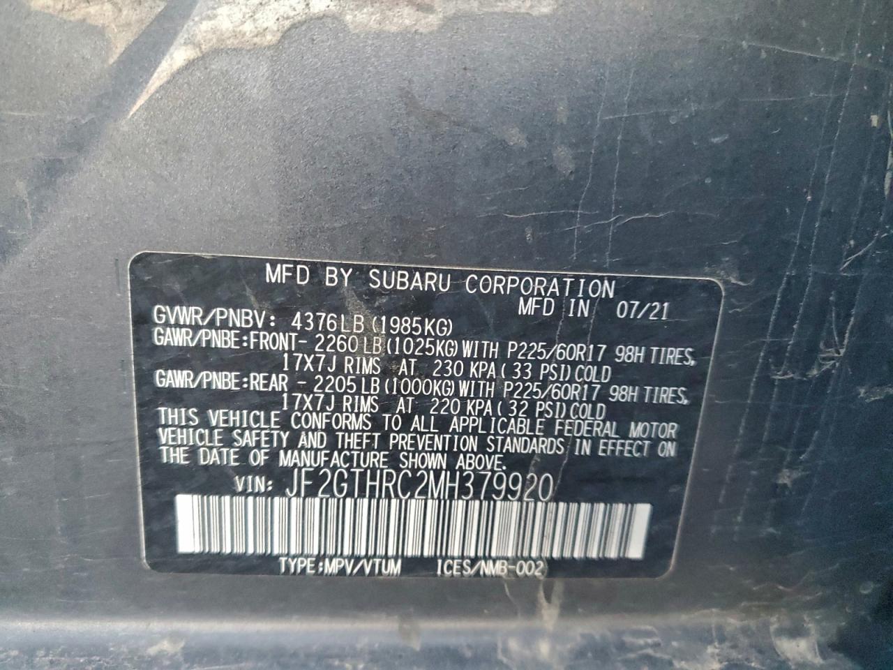 2021 Subaru Crosstrek Sport VIN: JF2GTHRC2MH379920 Lot: 93925035