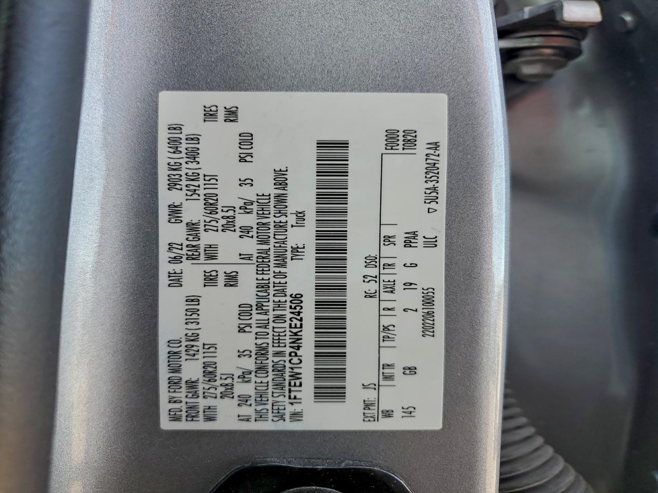 2022 Ford F150 Supercrew VIN: 1FTEW1CP4NKE24506 Lot: 94182885