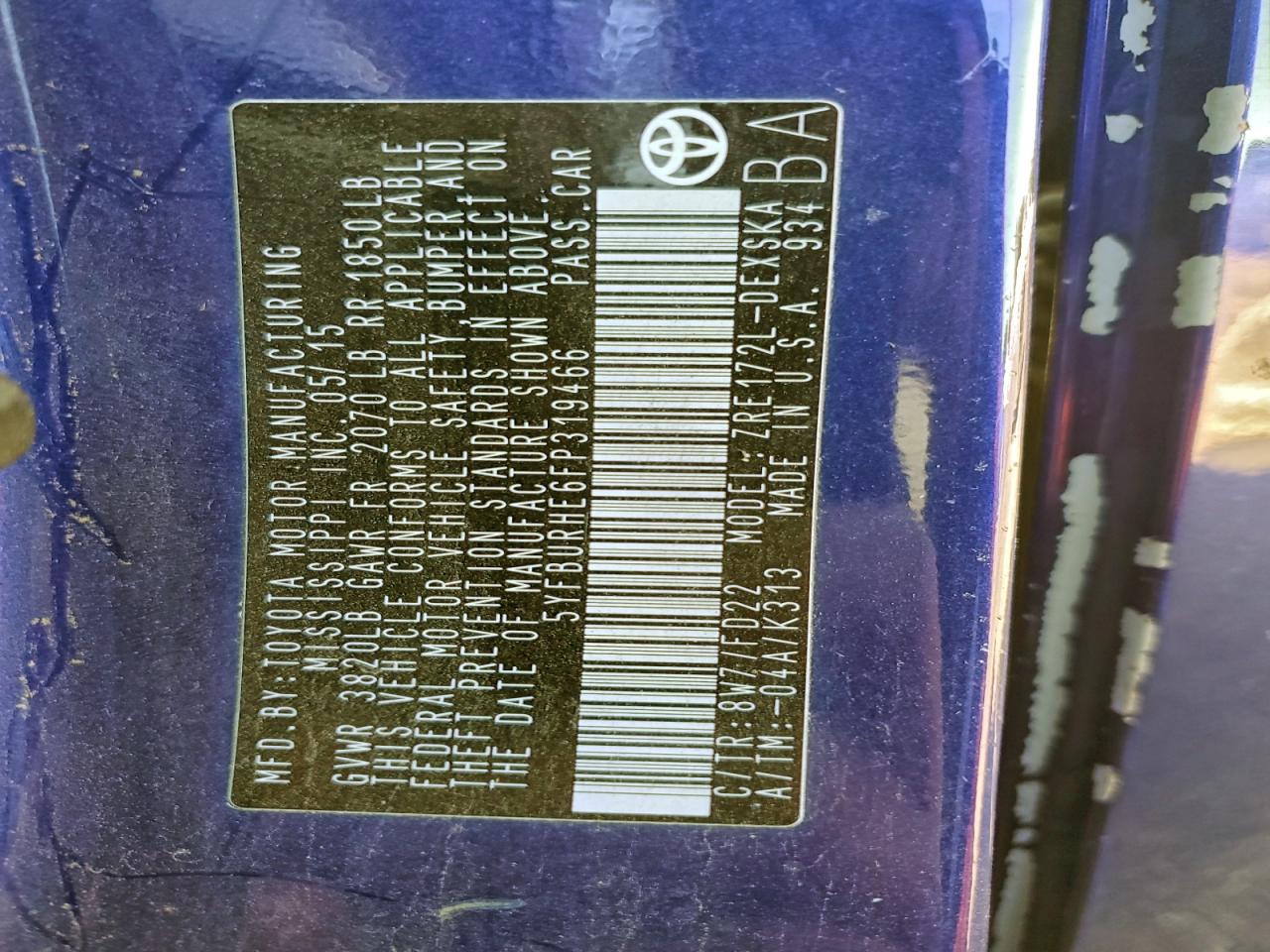 2015 Toyota Corolla L VIN: 5YFBURHE6FP319466 Lot: 94371755